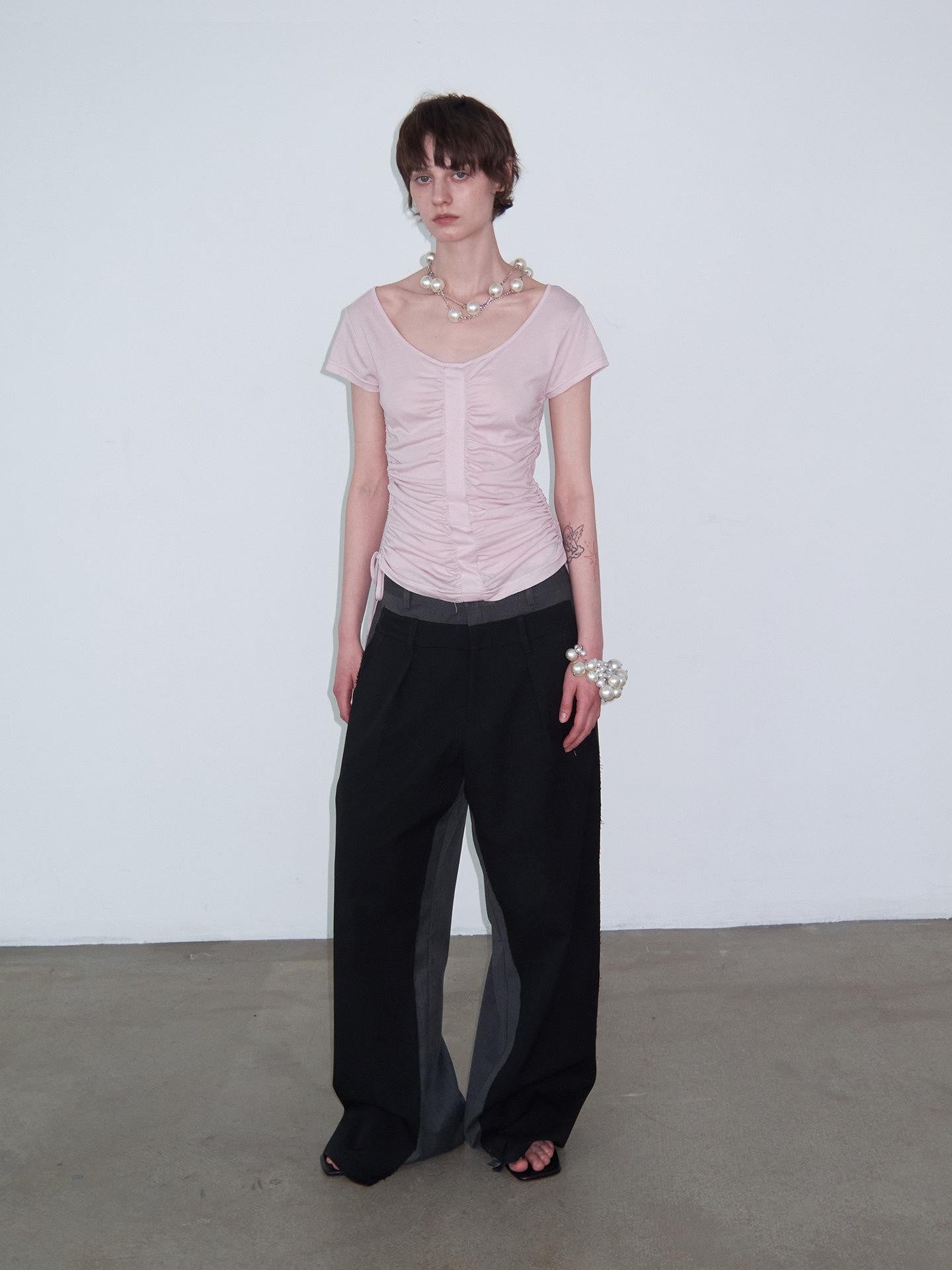Delivery Dusty Pink Ruched Spliced Wide Neck Women&