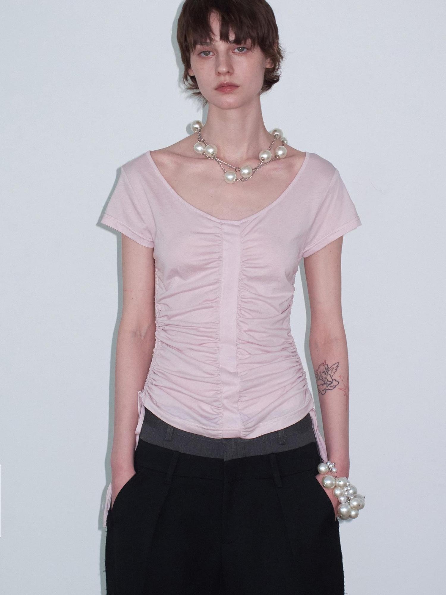 Delivery Dusty Pink Ruched Spliced Wide Neck Women&