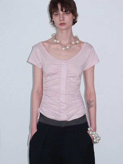 Delivery Dusty Pink Ruched Spliced Wide Neck Women&