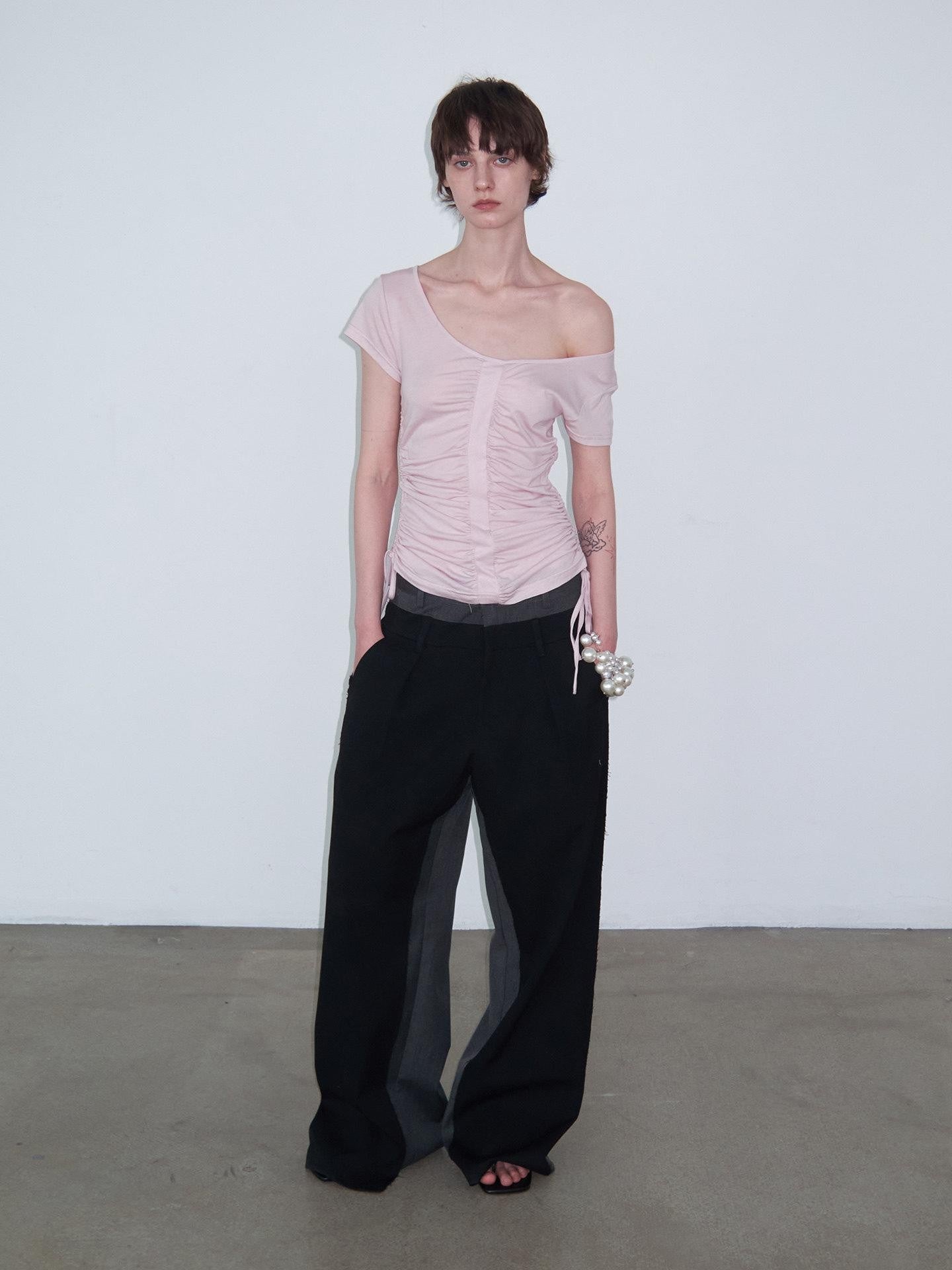 Delivery Dusty Pink Ruched Spliced Wide Neck Women&