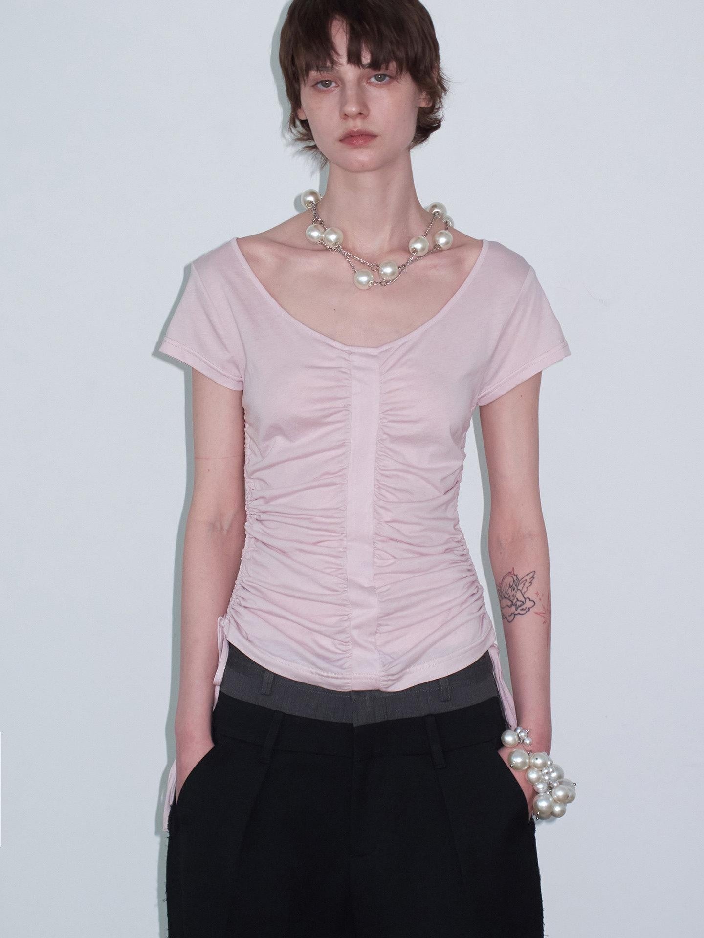 Delivery Dusty Pink Ruched Spliced Wide Neck Women&