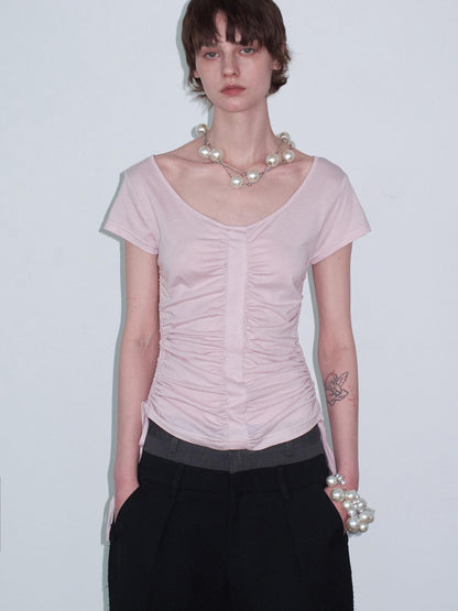 Delivery Dusty Pink Ruched Spliced Wide Neck Women&