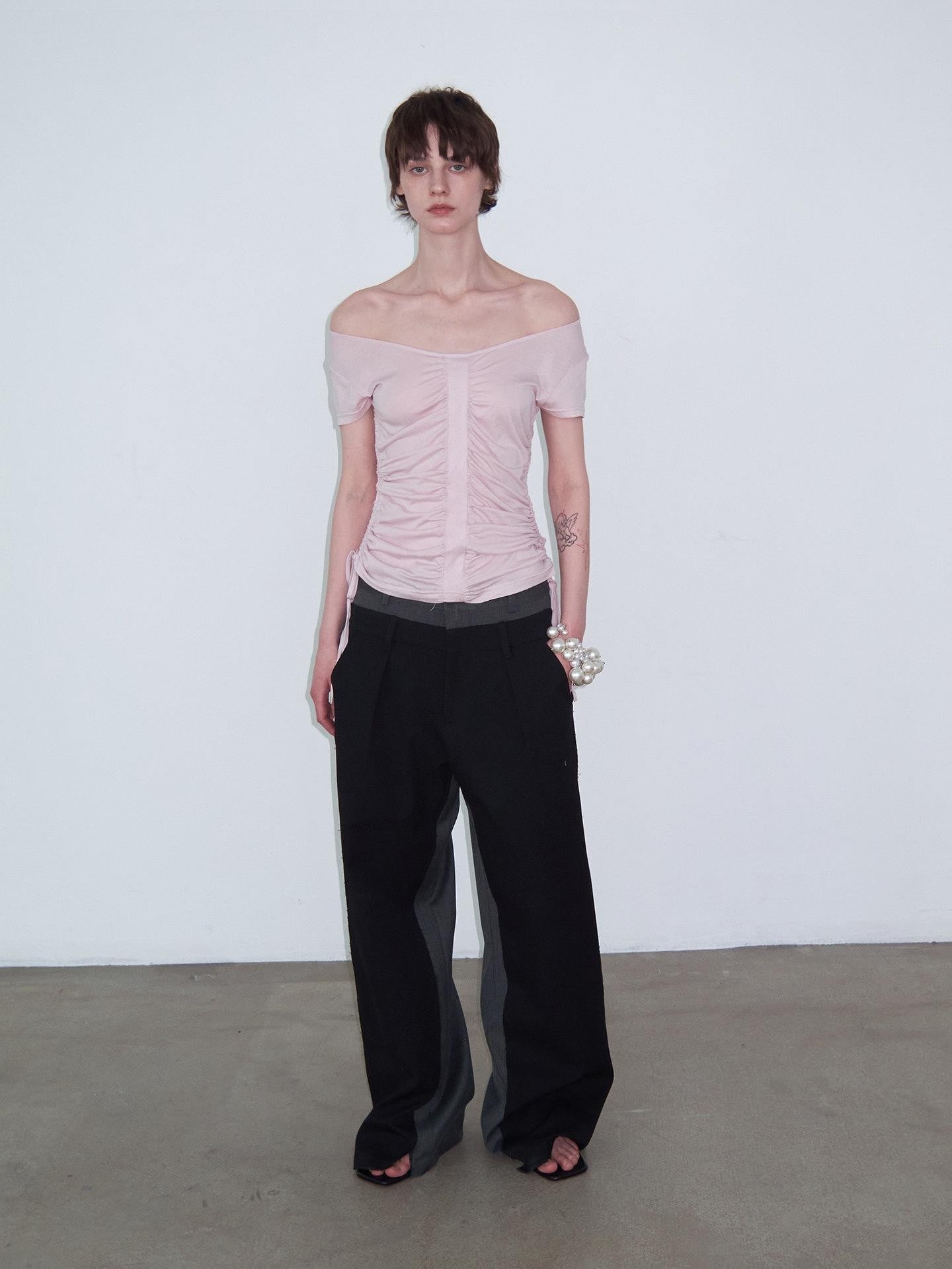 Delivery Dusty Pink Ruched Spliced Wide Neck Women&