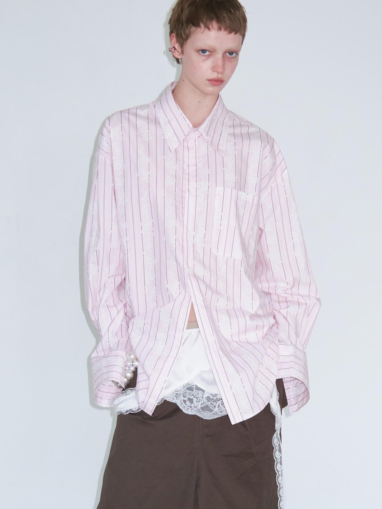Delivery Floral Stripe Long Sleeve Shirt Loose Sun Protection Light Pink
