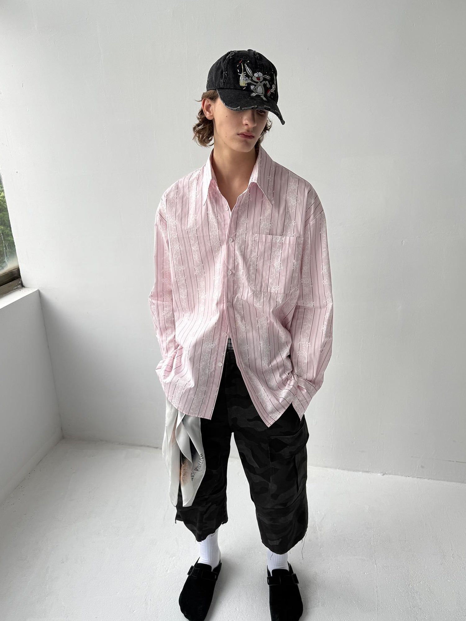 Delivery Floral Stripe Long Sleeve Shirt Loose Sun Protection Light Pink