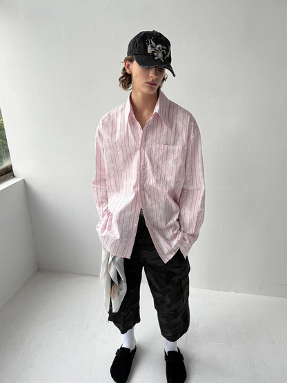 Delivery Floral Stripe Long Sleeve Shirt Loose Sun Protection Light Pink