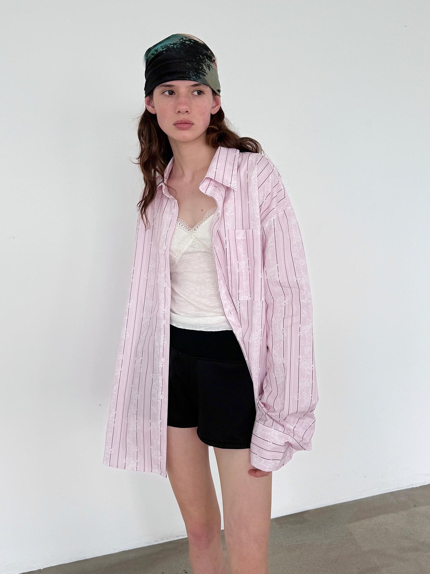 Delivery Floral Stripe Long Sleeve Shirt Loose Sun Protection Light Pink