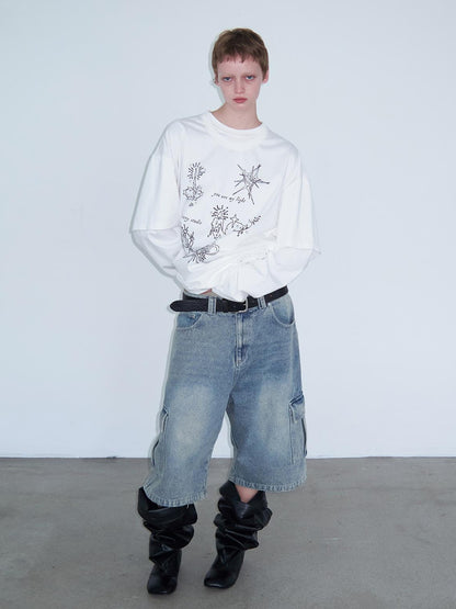 Delivery Graffiti Print Drop Shoulder T-shirt With Double Collar and Sleeve Design