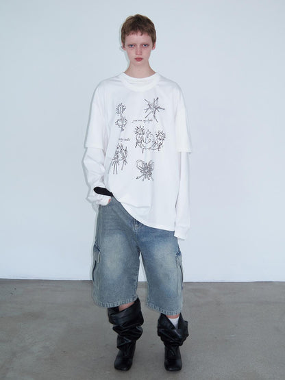Delivery Graffiti Print Drop Shoulder T-shirt With Double Collar and Sleeve Design