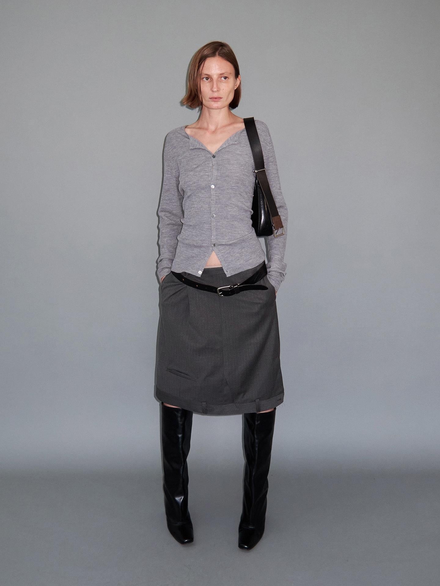Delivery Gray Asymmetric Foldover Inverted Waist Pleated Women&