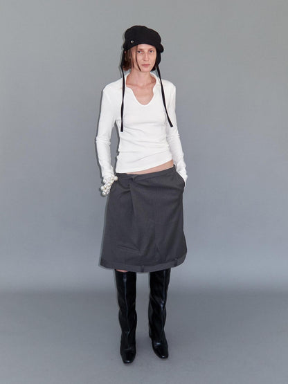 Delivery Gray Asymmetric Foldover Inverted Waist Pleated Women&