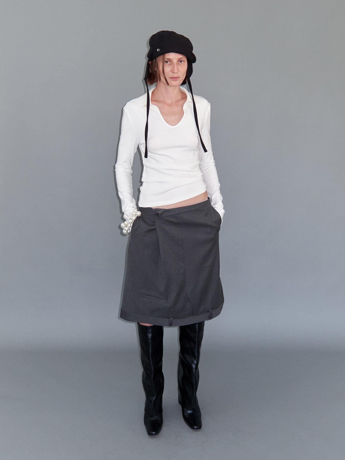 Delivery Gray Asymmetric Foldover Inverted Waist Pleated Women&