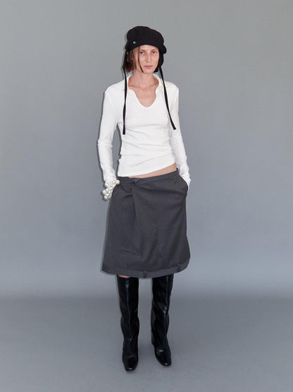 Delivery Gray Asymmetric Foldover Inverted Waist Pleated Women&