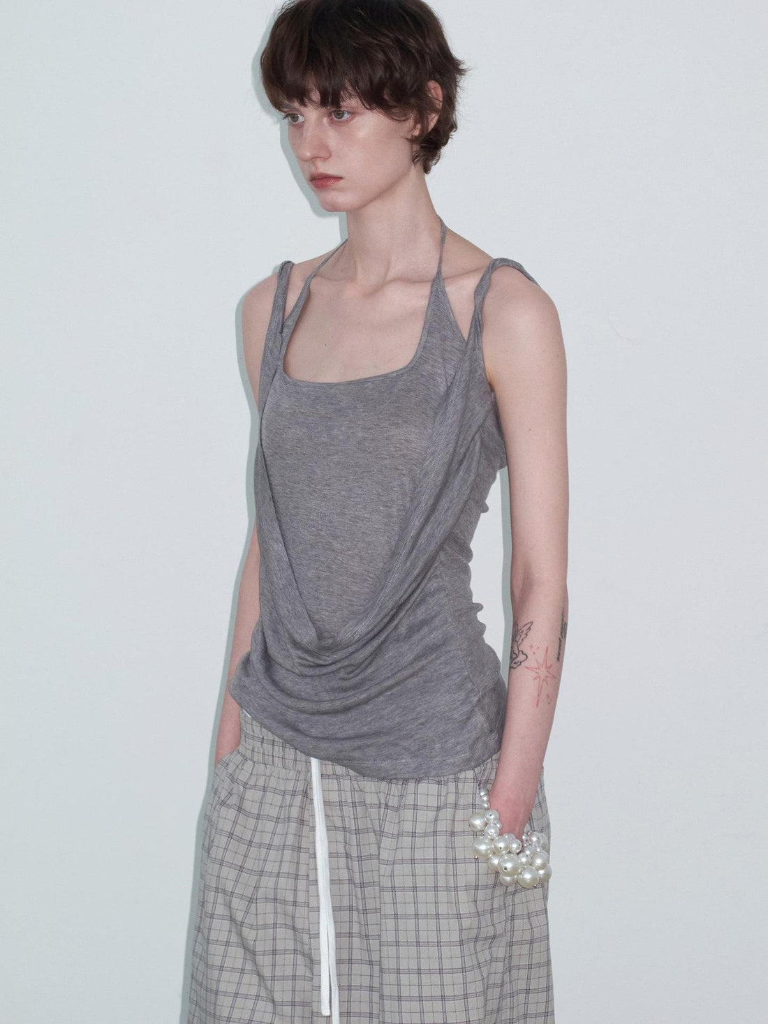 Delivery Gray Faux Layered Square Neck Knot Halter Cowl Pleated Women&