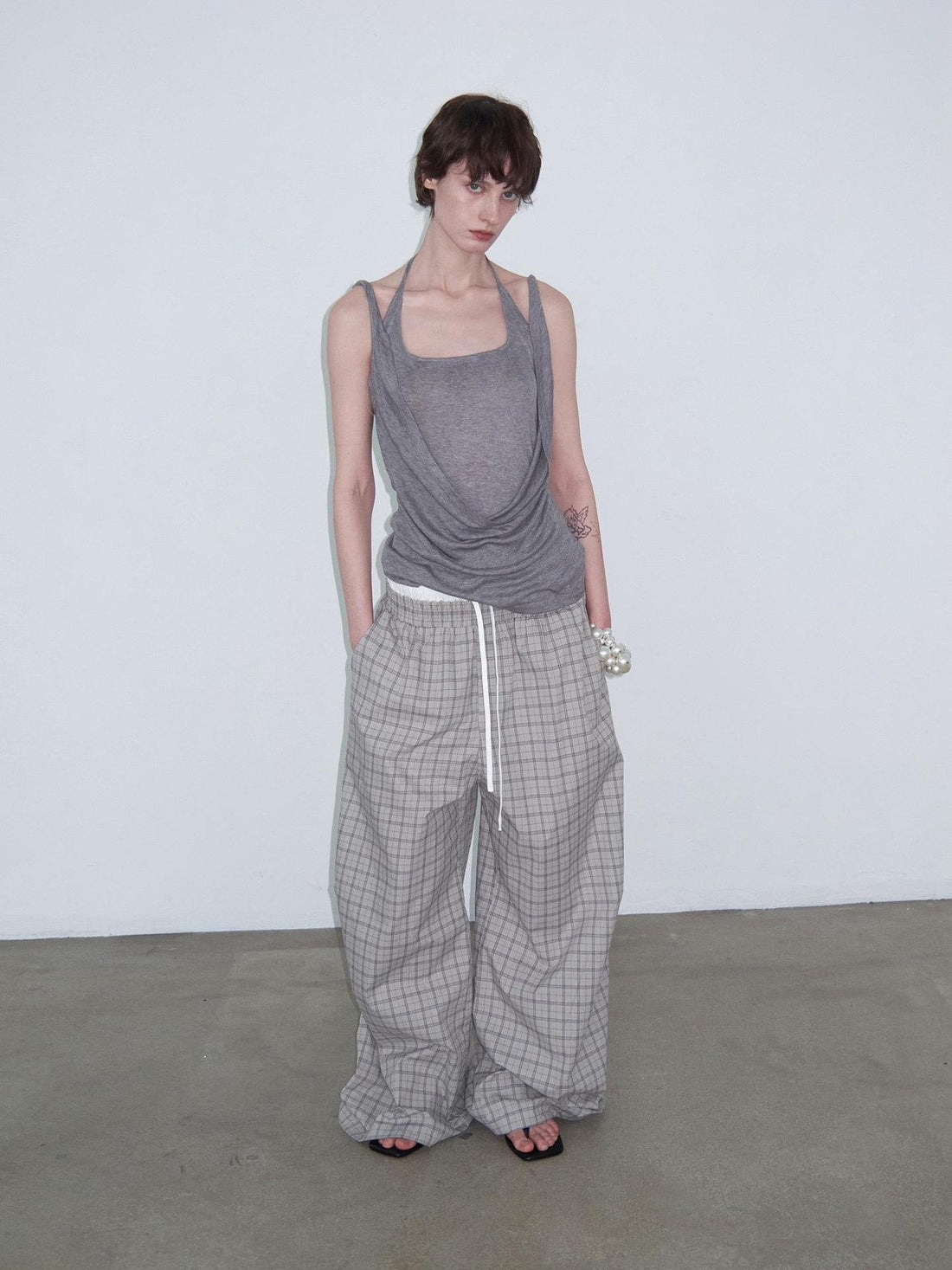 Delivery Gray Faux Layered Square Neck Knot Halter Cowl Pleated Women&