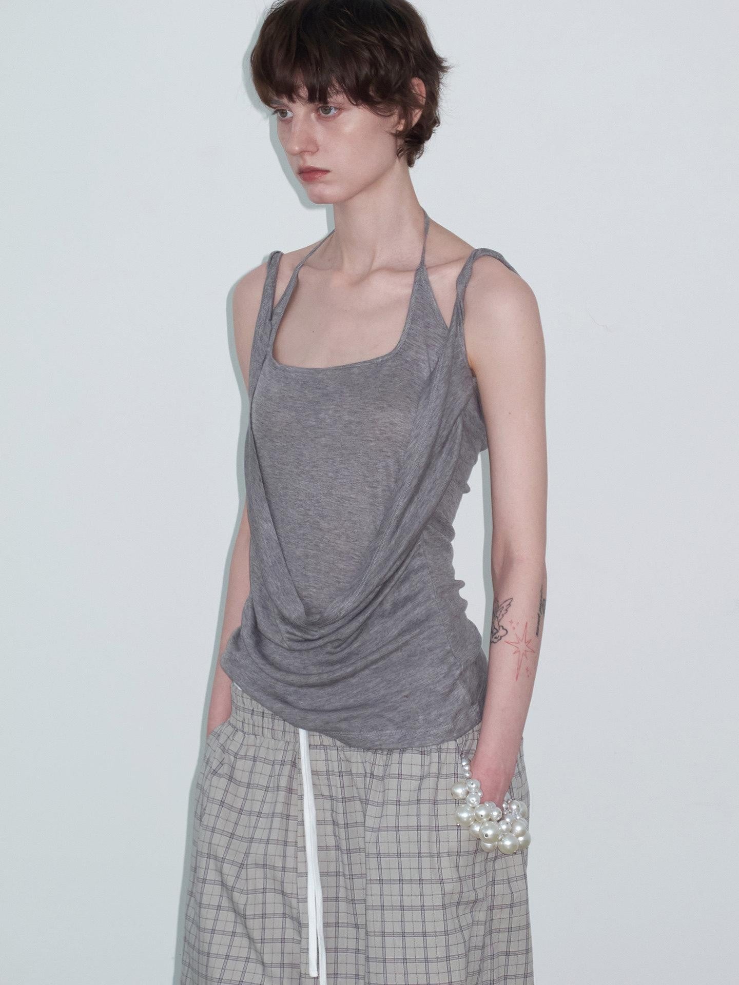 Delivery Gray Faux Layered Square Neck Knot Halter Cowl Pleated Women&