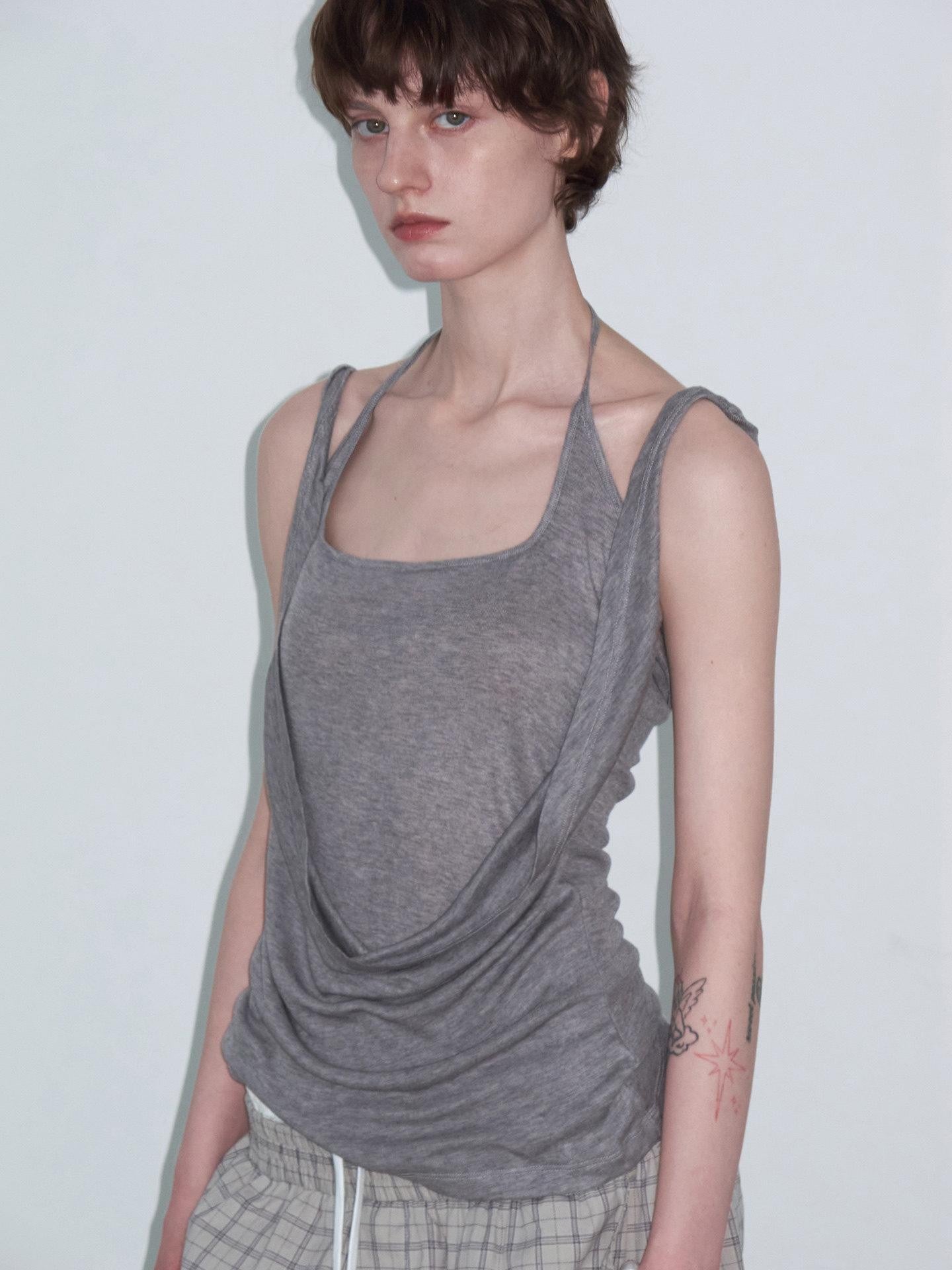 Delivery Gray Faux Layered Square Neck Knot Halter Cowl Pleated Women&
