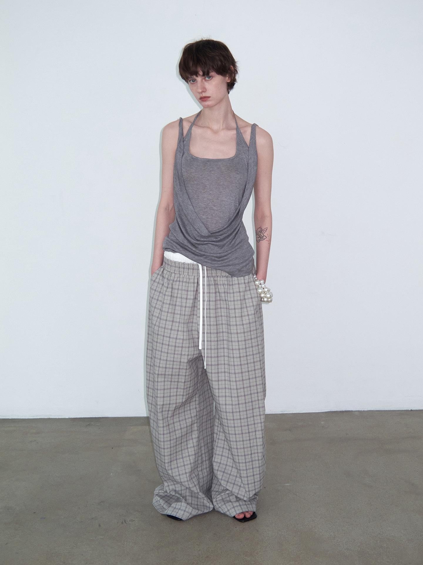 Delivery Gray Faux Layered Square Neck Knot Halter Cowl Pleated Women&