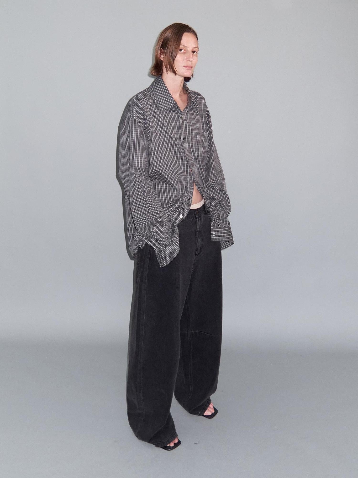 Delivery Gray Fine Check Turn Down Collar Long Sleeve Loose Fit Women&