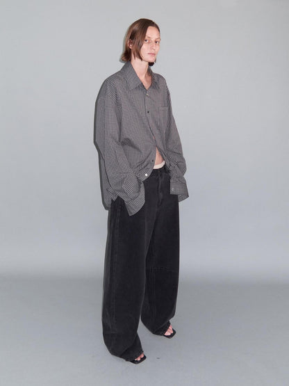 Delivery Gray Fine Check Turn Down Collar Long Sleeve Loose Fit Women&