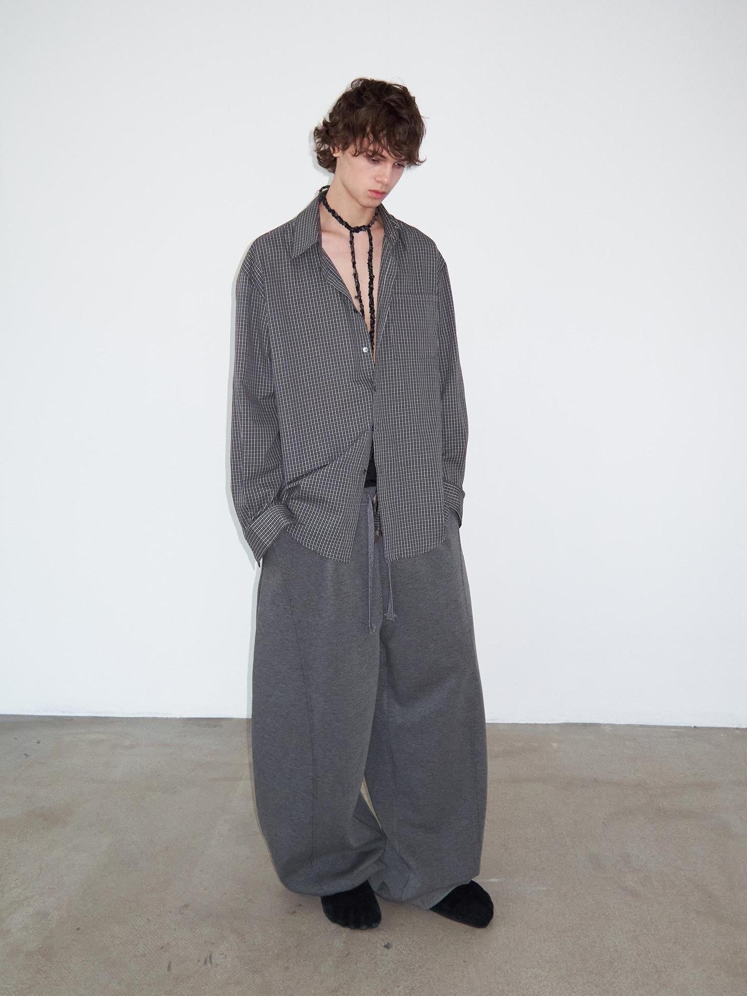 Delivery Gray Fine Check Turn Down Collar Long Sleeve Loose Fit Women&