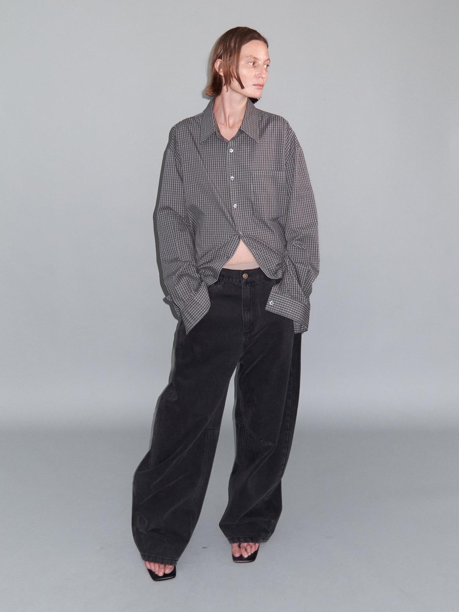 Delivery Gray Fine Check Turn Down Collar Long Sleeve Loose Fit Women&