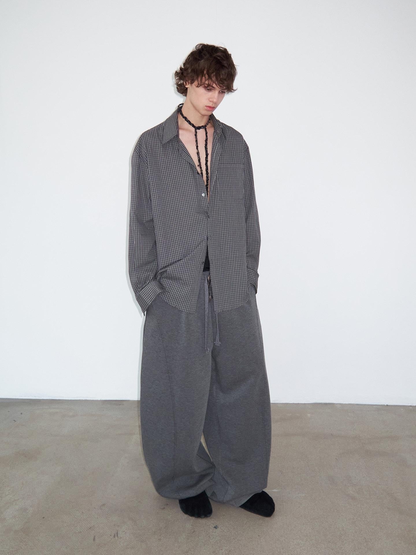 Delivery Gray Fine Check Turn Down Collar Long Sleeve Loose Fit Women&