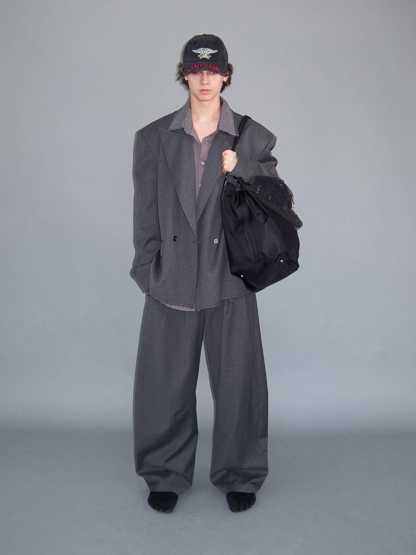 Delivery Gray Pinstripe Frayed Hem Notch Lapel Double Breasted Women&
