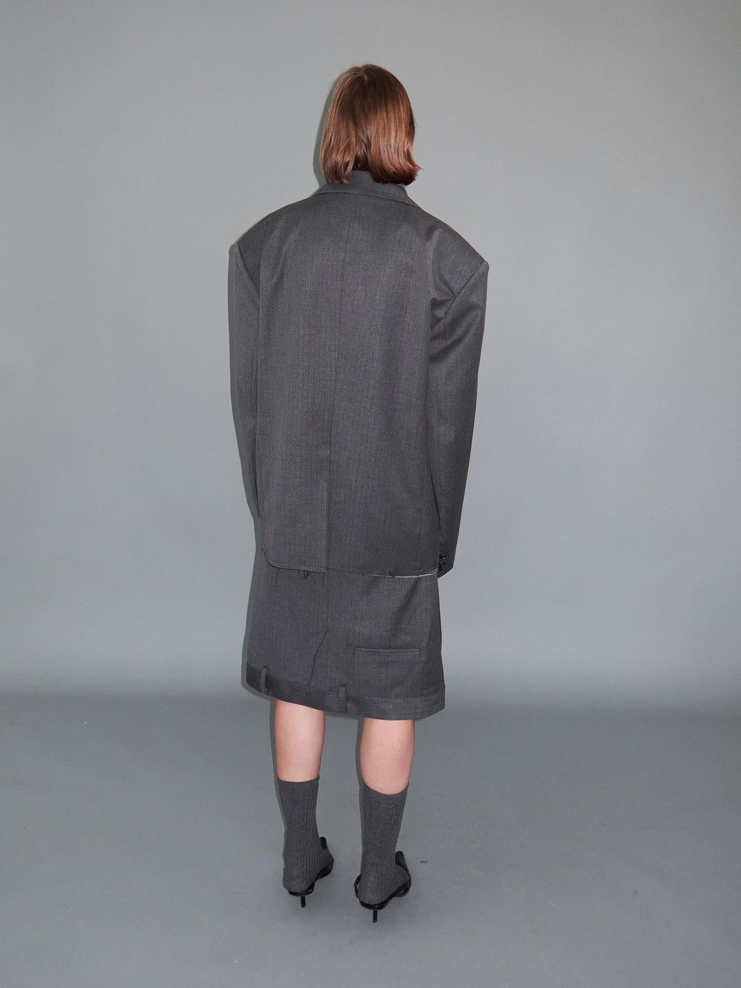 Delivery Gray Pinstripe Frayed Hem Notch Lapel Double Breasted Women&