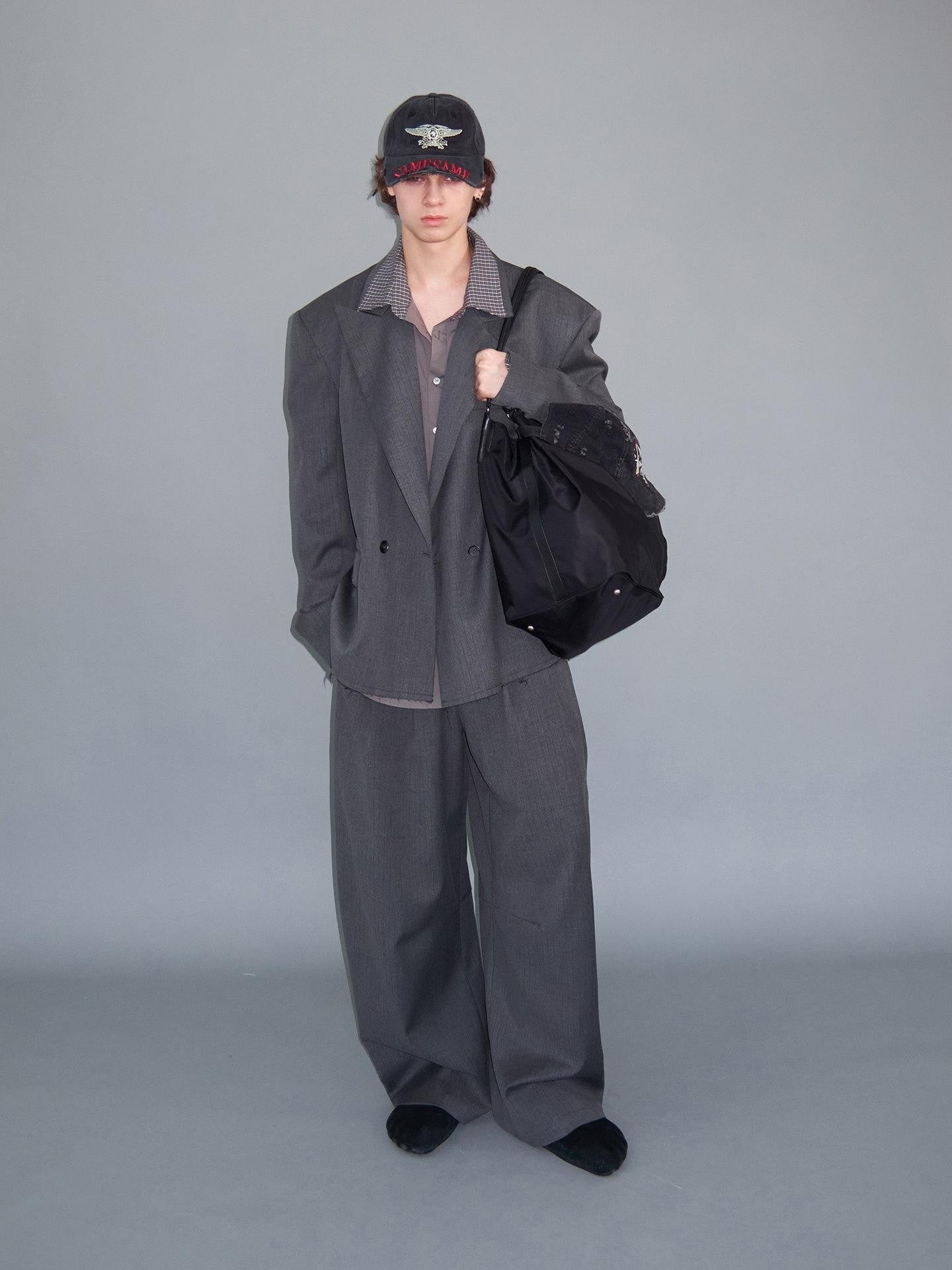 Delivery Gray Pinstripe Frayed Hem Notch Lapel Double Breasted Women&