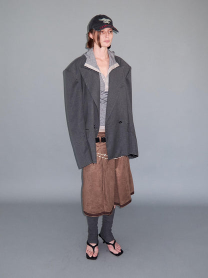 Delivery Gray Pinstripe Frayed Hem Notch Lapel Double Breasted Women&