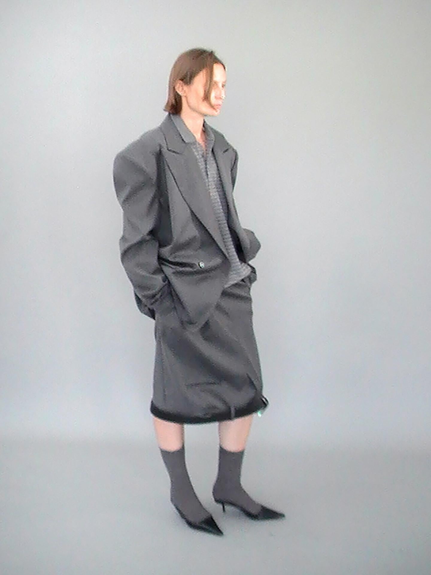 Delivery Gray Pinstripe Frayed Hem Notch Lapel Double Breasted Women&