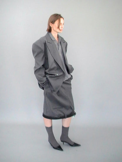 Delivery Gray Pinstripe Frayed Hem Notch Lapel Double Breasted Women&