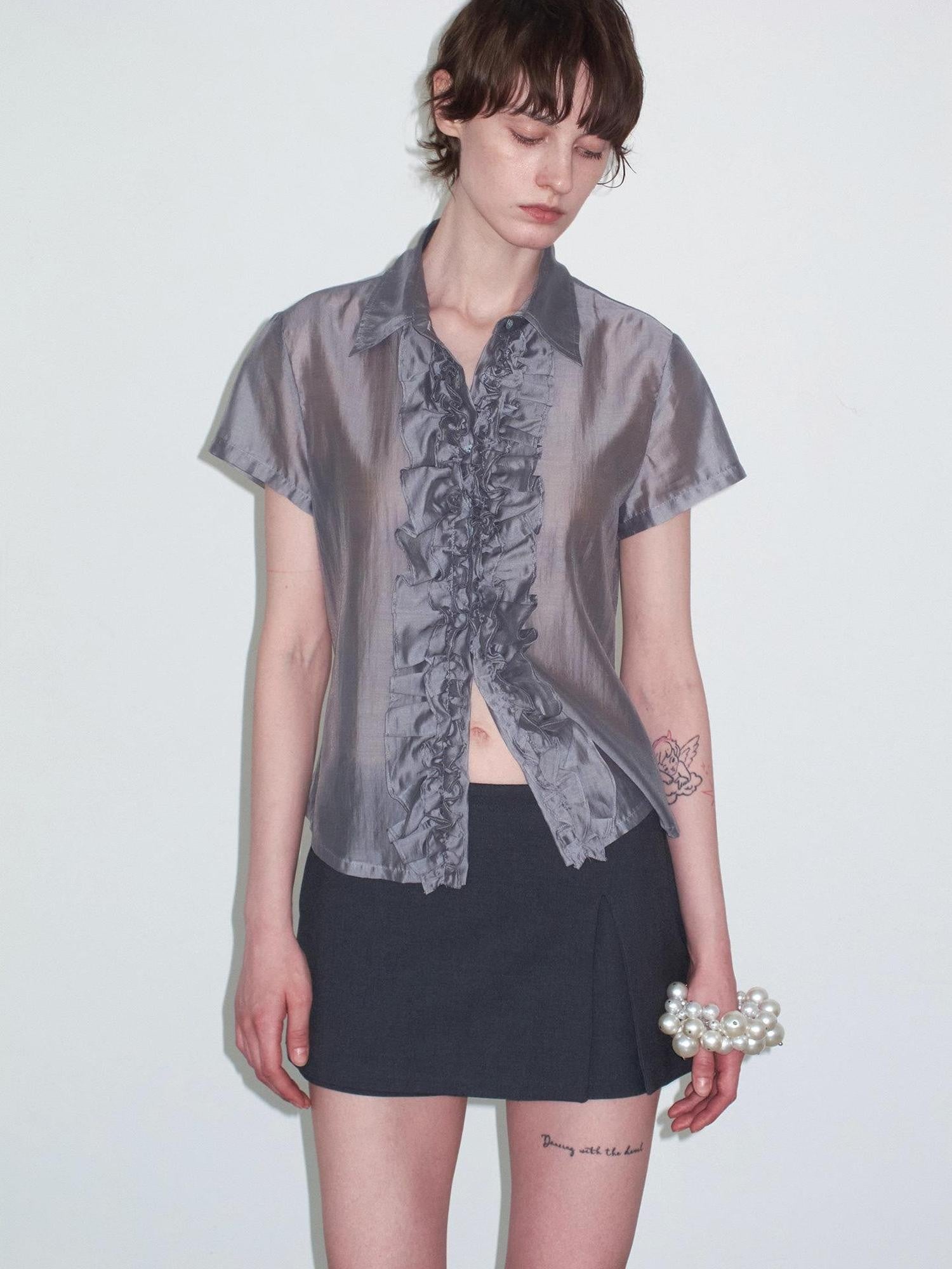 Delivery Gray Pleated Lace Trim Short Sleeve Collared Women&