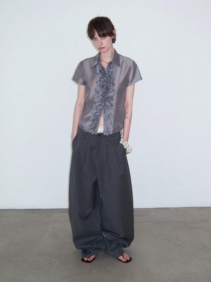 Delivery Gray Pleated Lace Trim Short Sleeve Collared Women&