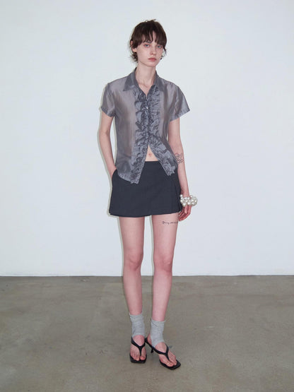 Delivery Gray Pleated Lace Trim Short Sleeve Collared Women&
