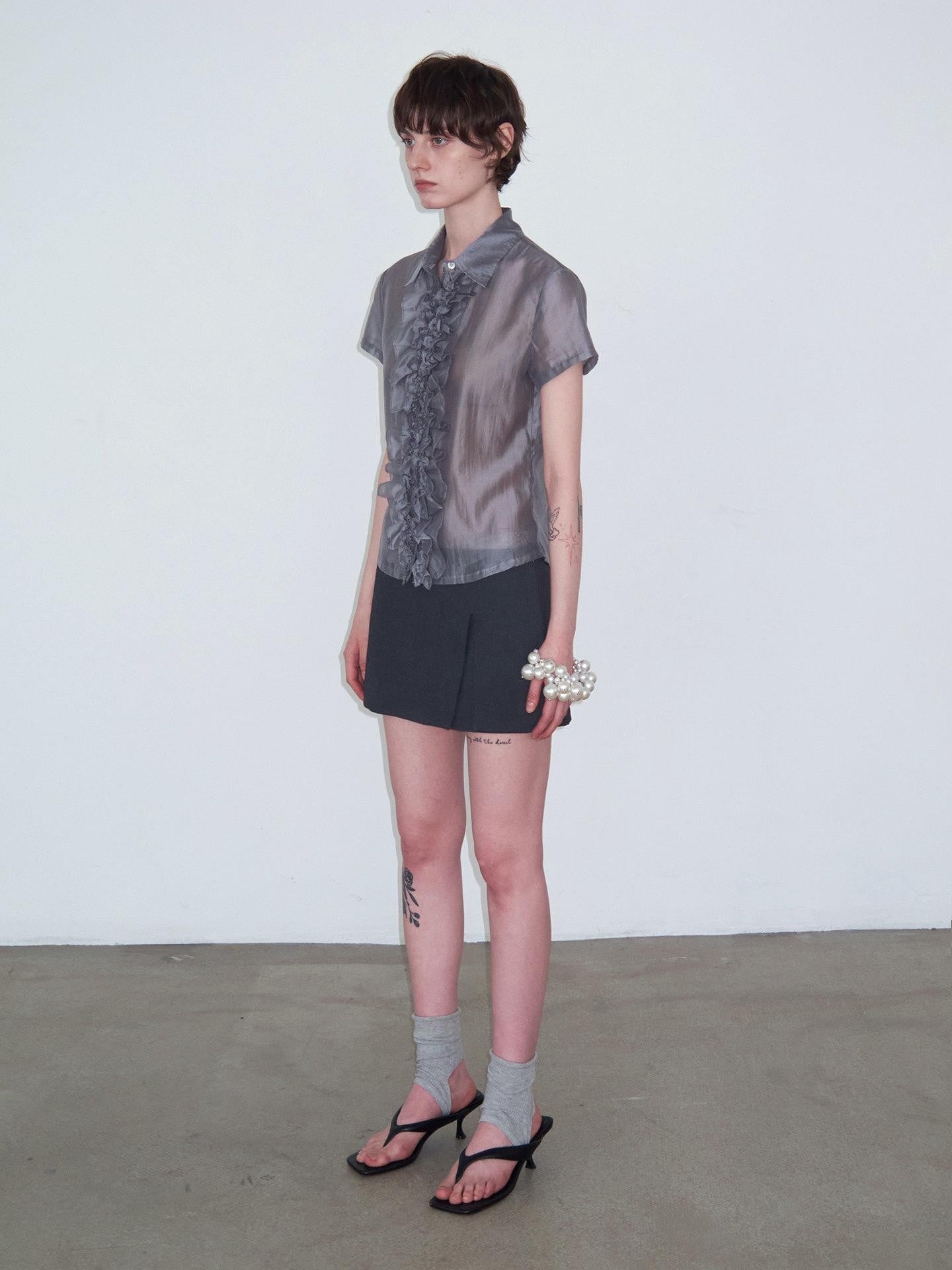 Delivery Gray Pleated Lace Trim Short Sleeve Collared Women&