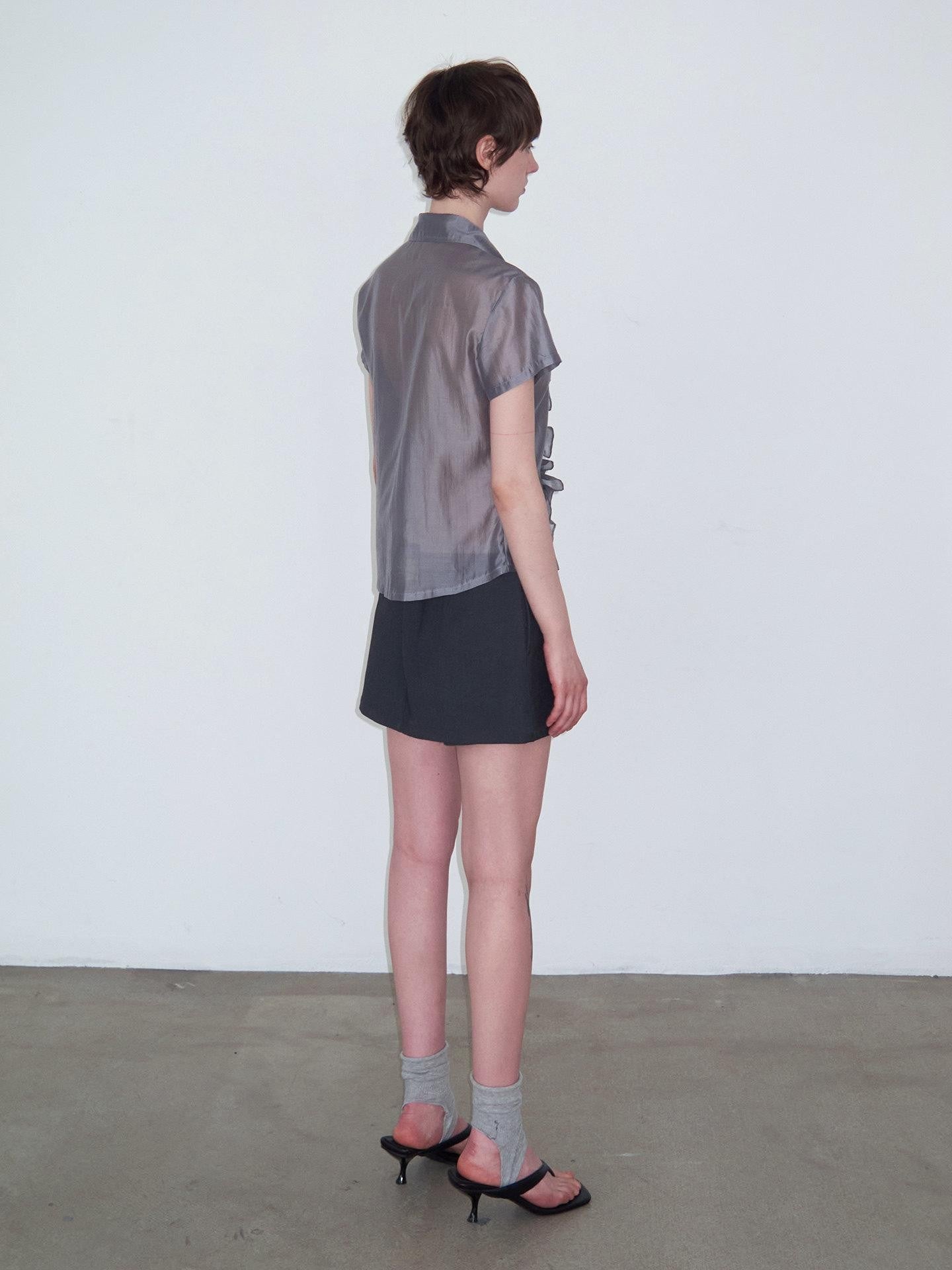 Delivery Gray Pleated Lace Trim Short Sleeve Collared Women&