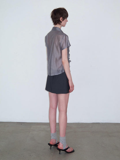 Delivery Gray Pleated Lace Trim Short Sleeve Collared Women&