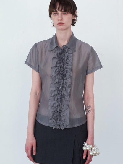 Delivery Gray Pleated Lace Trim Short Sleeve Collared Women&