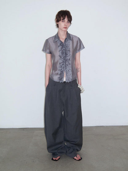 Delivery Gray Pleated Lace Trim Short Sleeve Collared Women&