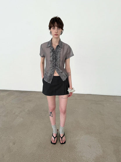 Delivery Gray Pleated Lace Trim Short Sleeve Collared Women&