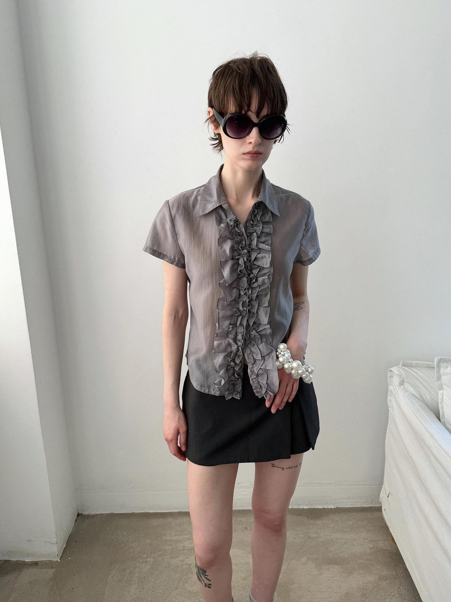 Delivery Gray Pleated Lace Trim Short Sleeve Collared Women&