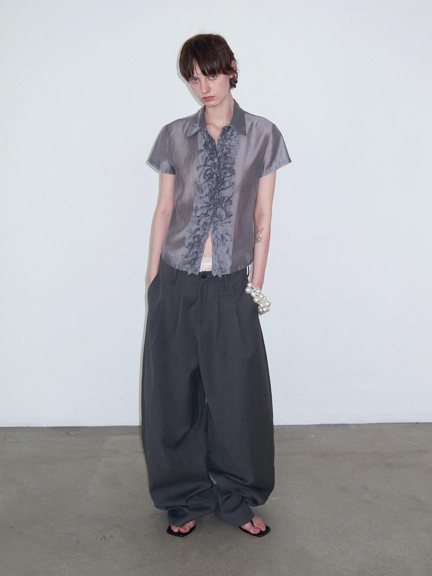 Delivery Gray Pleated Lace Trim Short Sleeve Collared Women&