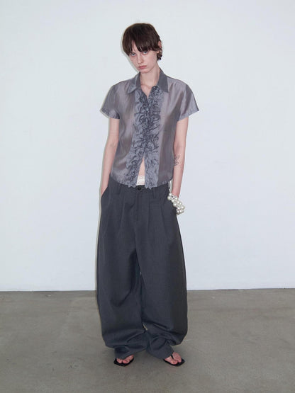 Delivery Gray Pleated Lace Trim Short Sleeve Collared Women&