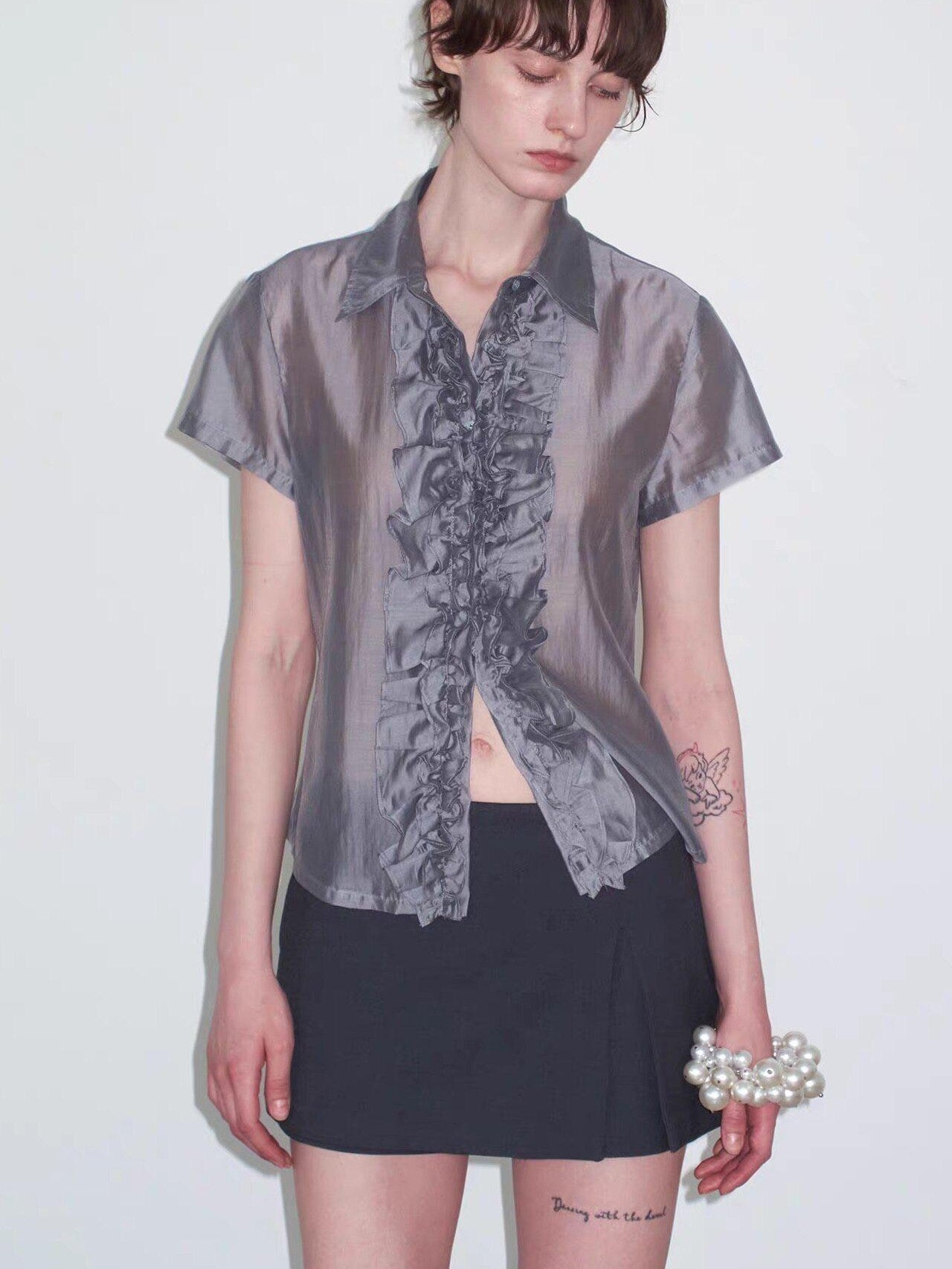 Delivery Gray Pleated Lace Trim Short Sleeve Collared Women&
