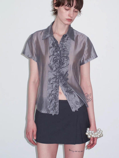 Delivery Gray Pleated Lace Trim Short Sleeve Collared Women&