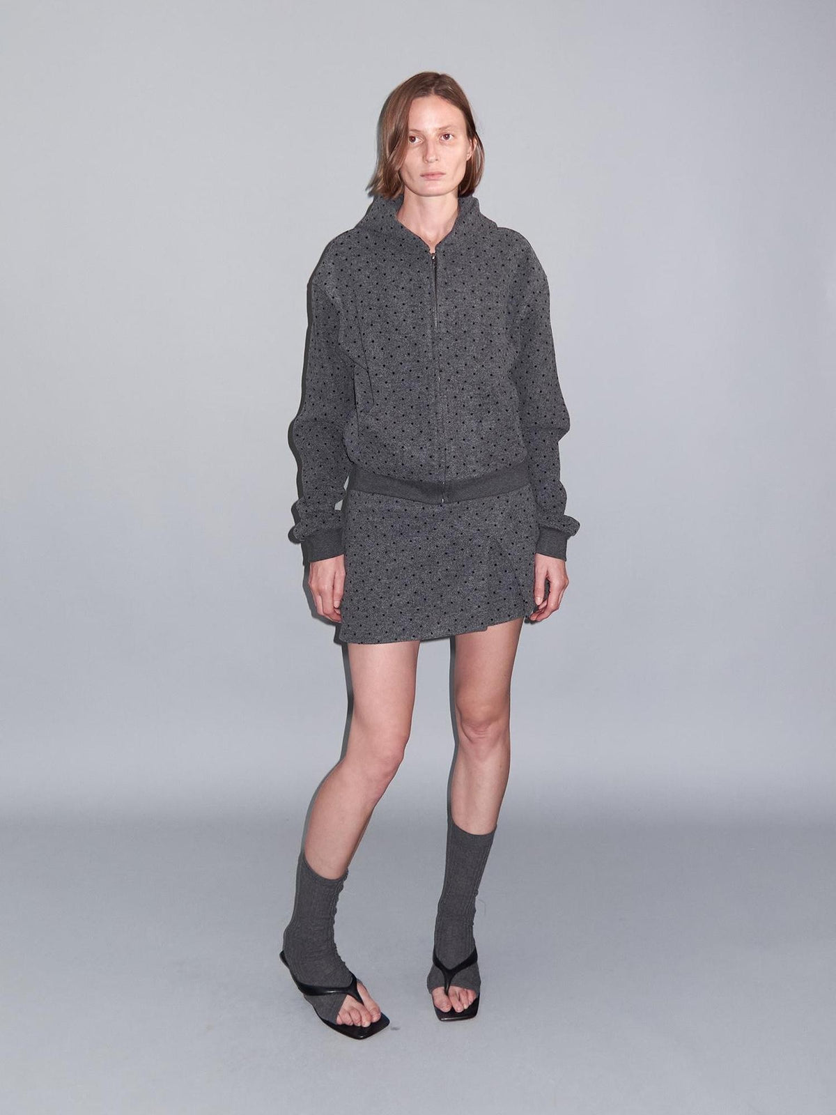 Delivery Gray Polka Dot Hooded Zip Short Fleece Wool Women&