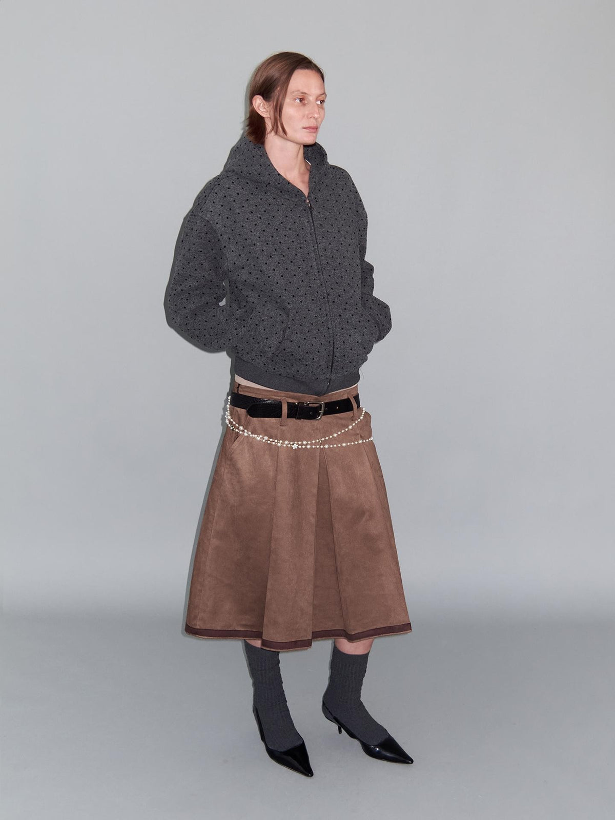 Delivery Gray Polka Dot Hooded Zip Short Fleece Wool Women&