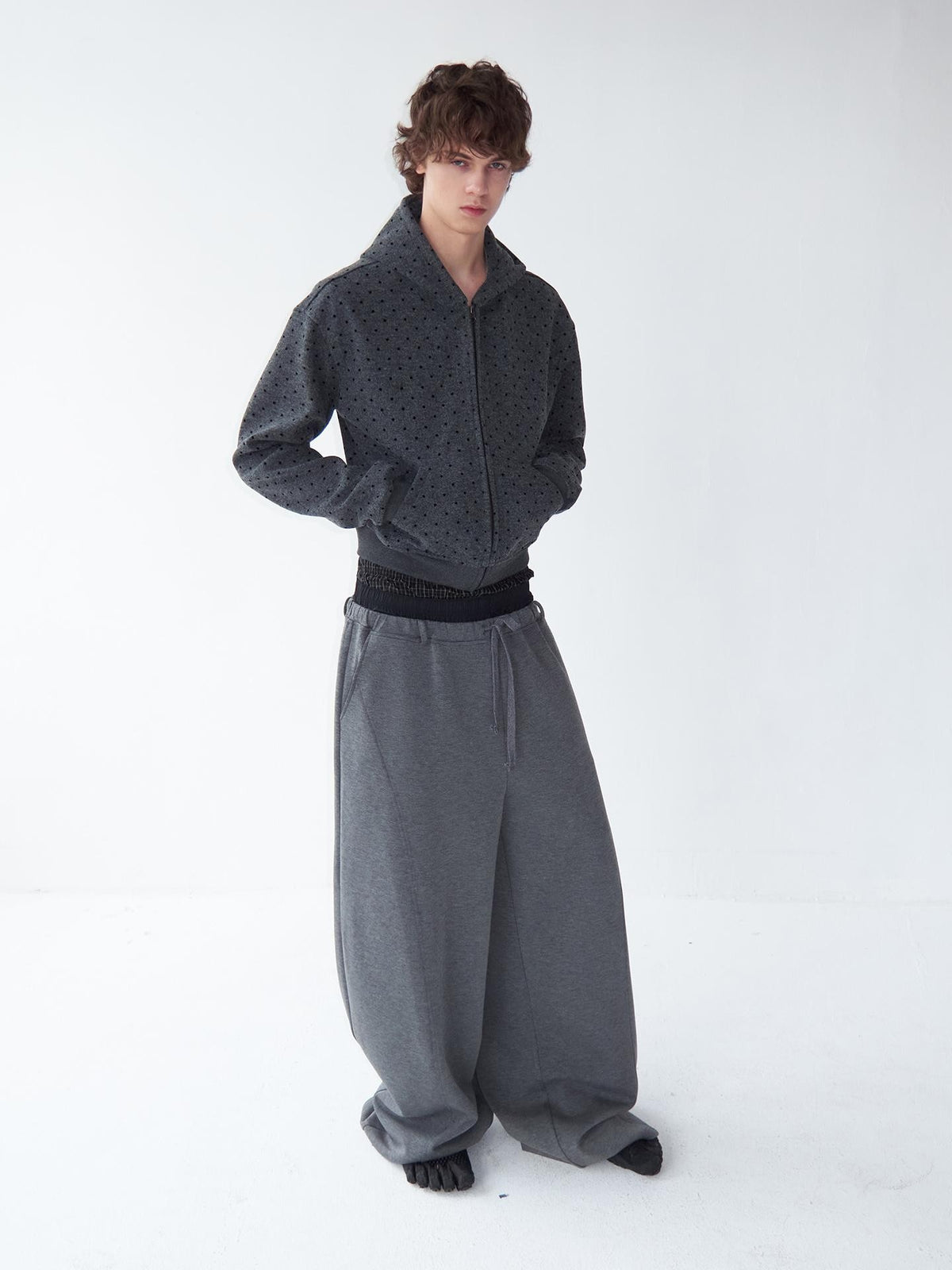 Delivery Gray Polka Dot Hooded Zip Short Fleece Wool Women&
